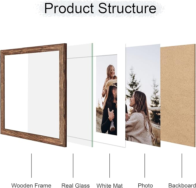12x12 Picture Frame Set of 4, 12 x 12 Wood Photo Frames with Mat for 10x10 or 30x30cm Diamond Painting Art, Wooden Frame with Real Glass Cover for Wall and Tabletop Display,Rustic Brown-Ruum Studio Home