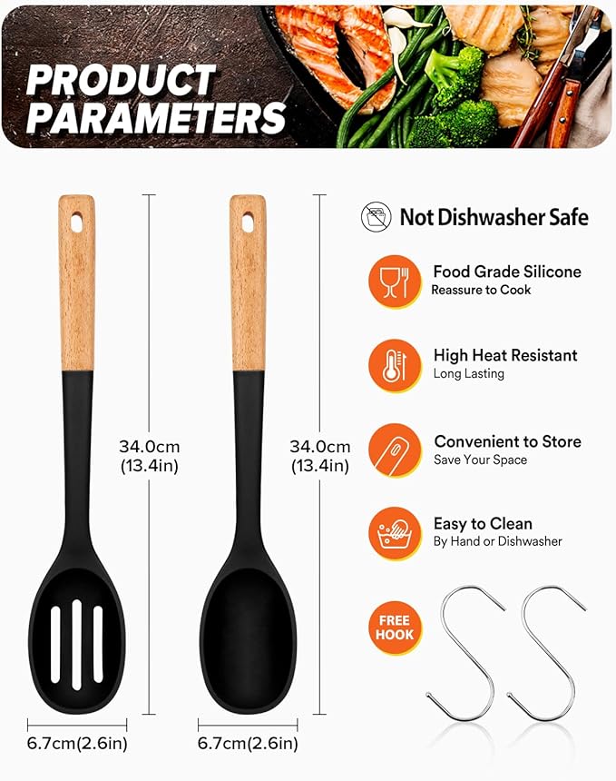 Silicone Cooking Spoons, Great for Scooping Sides and Serving Hearty Stews, BPA-Free Matte Silicone, Wooden Handle Serving Spoon for Nonstick Cooking Surfaces (Black)-Ruum Studio Home