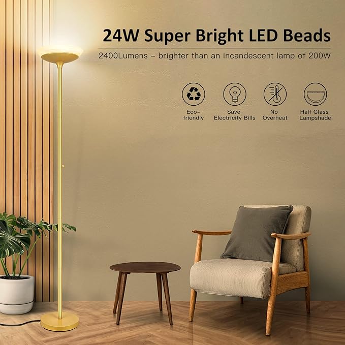 BoostArea Torchiere Floor Lamp, 24W Super Bright LED Standing Lamp, 3000K Stepless Dimmable Pole Lamp with Rotary Switch, 70 Inch Tall Metal Modern Floor Lamps for Living Room/Bedroom/Office/Den, Gold-Ruum Studio Home