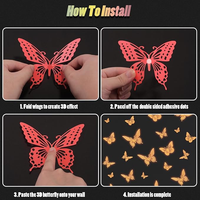 SAOROPEB Glow in The Dark 3D Butterfly 24 Pcs 3 Sizes, Luminous Butterfly Stickers for Ceiling or Wall, Glow in The Dark Party Supplies, Removable Luminous Stickers for Kids Babys Nursery (Orange)-Ruum Studio Home