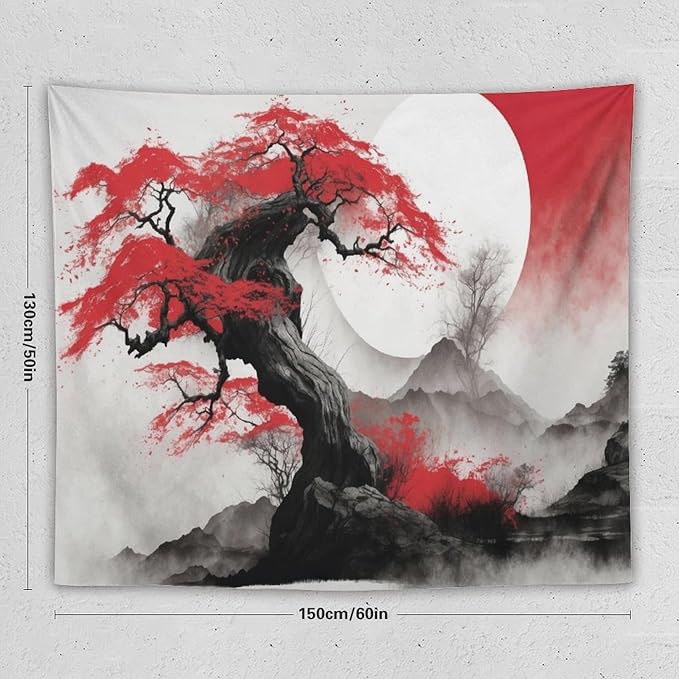 Cherry Blossoms Tapestry,Japanese Red Landscape Asian Watercolor Abstract Art Tapestry,Japanese Wall Tapestry, Nature Landscape Tapestries for Bedroom Living Room Decor 60"x50"-Ruum Studio Home