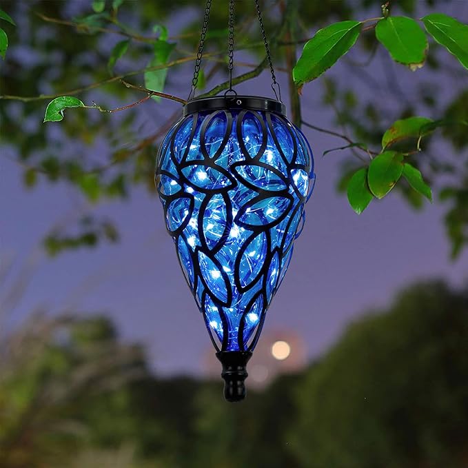 SUNNYPARK Outdoor Plastic Solar Hanging Lantern, 15 Cool White LEDs Twinkle Effect Tear-Shaped Hanging Lantern Decor Garden Decorative Solar Lights for Backyard, Patio and Lawn-Ruum Studio Home