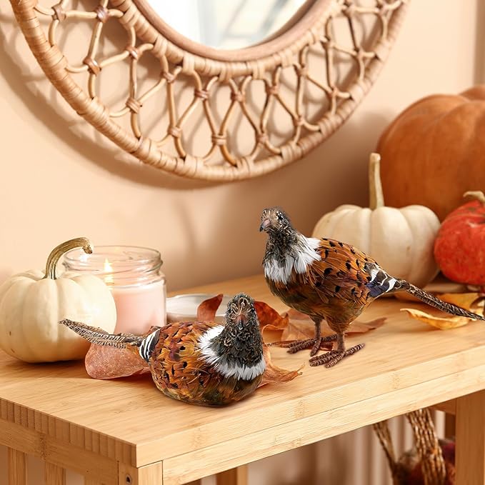 Nature Vibe Feathered Pheasant Decor Set of 2,Simulation Woodland Animals Figurines with Natural Pheasant Feathers as Fall Home Decor or Gifts for Autumn Harvest Festival-Ruum Studio Home