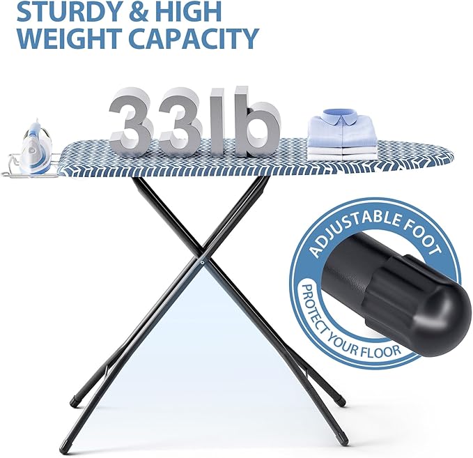 KINGBOARD Ironing Board, Foldable Iron Board with Iron Rest, Compact Ironing Board with Height Adjustable, Extra Thick Heat-Resistant Cover, Heavy-Duty Sturdy Metal Legs, 43x13 Blue-Ruum Studio Home