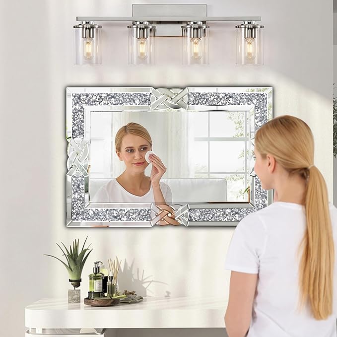 Crushed Diamond Decorative Wall Mirrors, 27.7x39.5 Inch Rectangle Living Room Mirrors for Wall Decor, Modern Glam Bathroom Dining Room Entryway Mirror Silver-Ruum Studio Home
