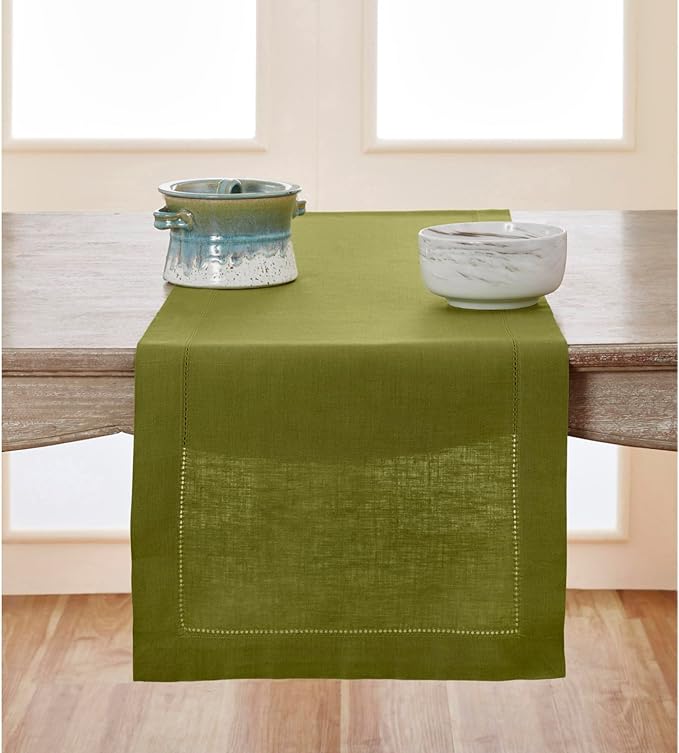 Solino Home Linen Avocado Green Hemstitch Table Runner 60 Inches - 100% Pure Linen Small Table Runner 14 x 60 Inch Ideal for Dresser and Coffee Tables - Classic Hemstitch - Fall, Autumn, Thanksgiving-Ruum Studio Home