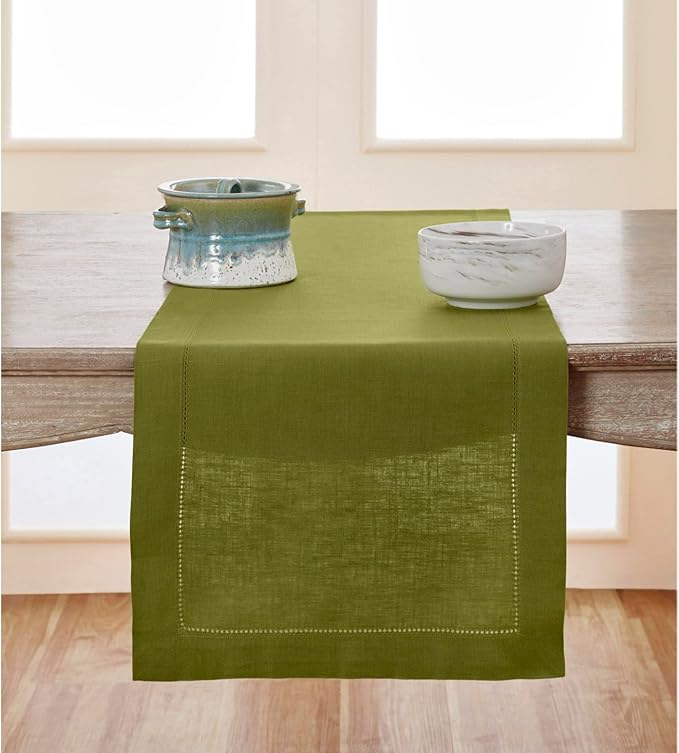 Solino Home Linen Hemstitch Table Runner 108 Inches Long - 100% Pure Linen Avocado Green Table Runner 14 x 108 Inch for Fall, Autumn, Thanksgiving - Classic Hemstitch-Ruum Studio Home