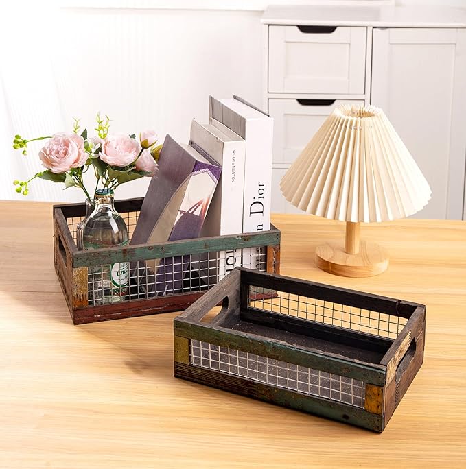 TIMRIS Set of 2 Rustic Wooden Countertop Baskets, Farmhouse Distressed Nesting Boxes, Small Decorative Wooden Storage Crates, Reclaimed Wood Organizer Baskets with Wire Mesh (Random)-Ruum Studio Home