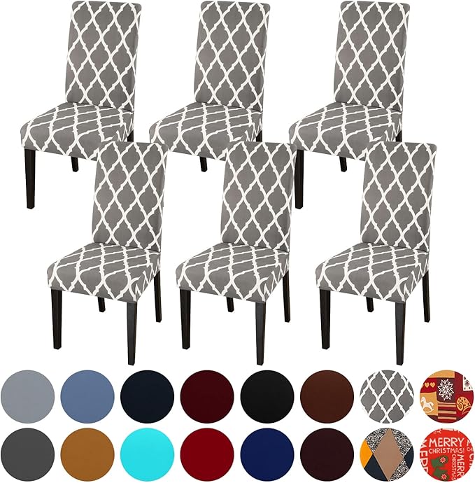 JQinHome Chair Covers for Dining Room 6 Pack, High Stretch Removable Washable Parsons Chair Slipcover for Home Party Hotel Wedding Ceremony (Grey White)-Ruum Studio Home