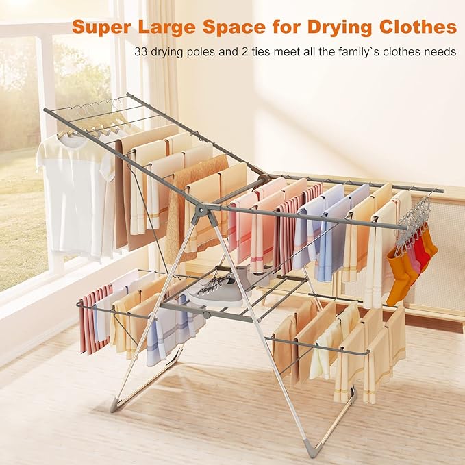 Bigzzia Clothes Drying Rack Foldable, 2-Level Large Laundry Drying Rack Collapsible, Stainless Steel Drying Rack Clothing for Indoor Outdoor, Easy to Fold, 33 Drying Rails, 142cm, Gray-Ruum Studio Home
