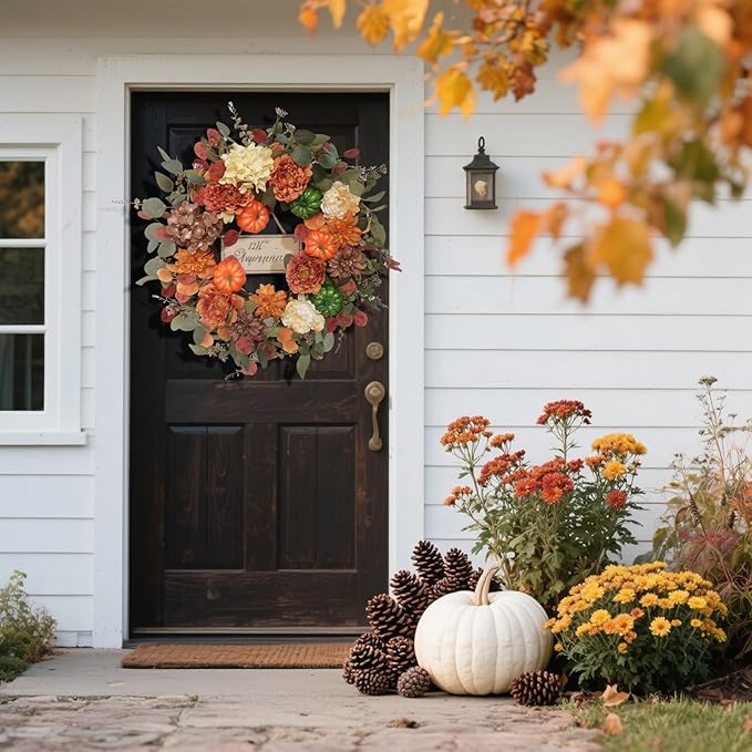 Fall Wreaths for Front Door 24 Inch with Realistic Pumpkin Hydrangea Peony Dahlia Flower, Thanksgiving Harvest Autumn Wreath for Indoor Outdoor Decor, Rustic Farmhouse Seasonal Decoration-Ruum Studio Home