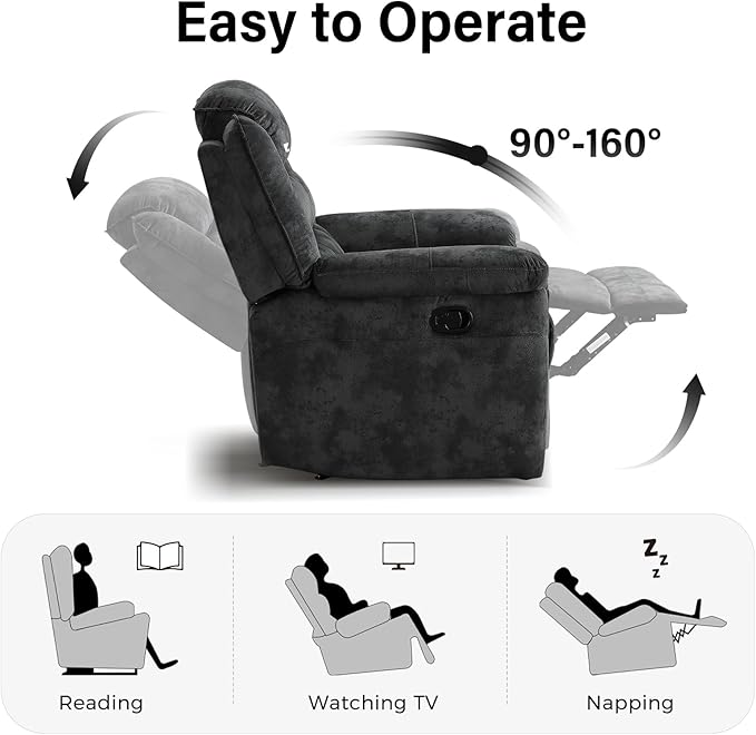 EBELLO Manual Recliner Chair, Soft Fabric Recliner Sofa with Overstuffed Armrest and Backrest for Living Room, Bedroom, Grey-Ruum Studio Home