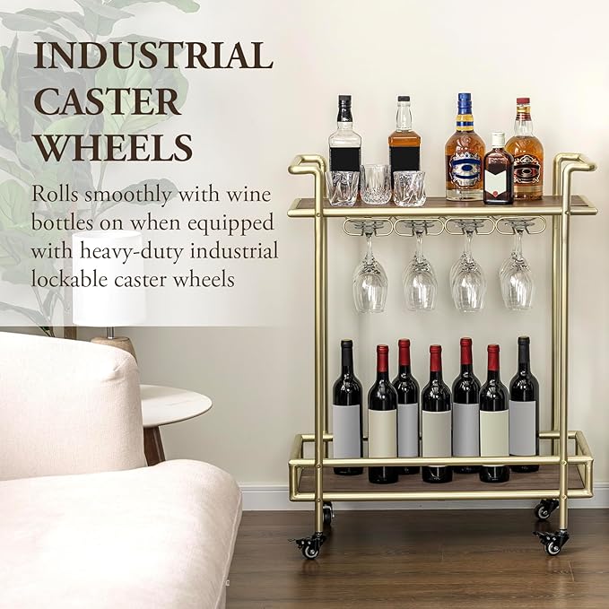 MyGift 2 Tier Rolling Bar Cart, Vintage Brass Tone Metal Cocktail and Wine Trolley with Burnt Wood Shelf Trays, Wine Glass Stemware Holder Rack and Lockable Wheels-Ruum Studio Home