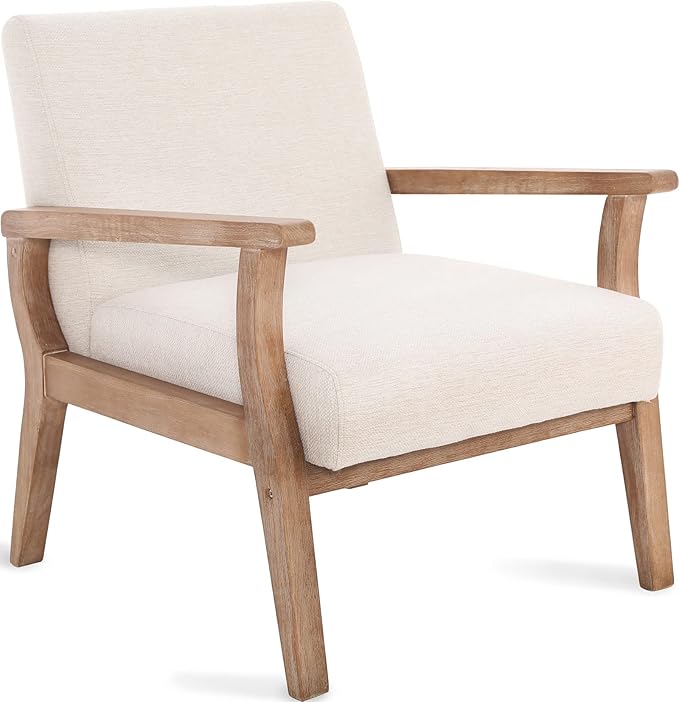 Accent Chair Mid Century Modern Armchair, Linen Upholstered Living Room Accent Armchair with Wood Frame, Farmhouse Chair Indoor Corner Chair for Living Room Bedroom, Ivory-Ruum Studio Home