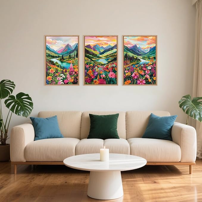 Celestdeco Wildflower Blossom Framed Canvas Wall Art Set, Colorful Flowers Painting, Abstract Landscape Wall Decor, Natural Ridge Floral Art Print for Living Room, Dining Room, Office - 24"x36"x3-Ruum Studio Home