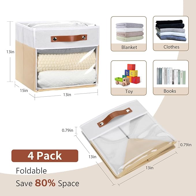 HNZIGE Fabirc Storage Cube Bins 13x13x15 Storage Cube Bins, 4 Pack Foldable Decorative Clear Cube Storage Bins for Cube Organizer Canvas Cubby Storage Organizer Bins for Shelves Pantry- White Beige-Ruum Studio Home