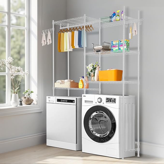 VEVOR Over The Washer and Dryer Storage Shelf, 5 Tier Laundry Room Drying Rack with Hanger Rod and Hooks, Adjustable Over Washer and Dryer Shelves, Laundry Room Shelf Storage Space Saver, White-Ruum Studio Home
