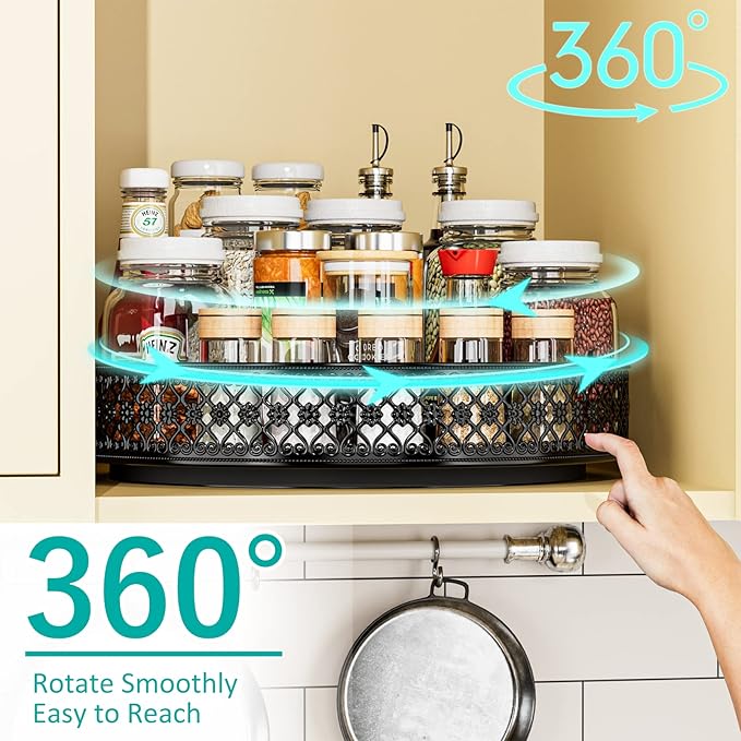 Ovicar Lazy Susan Turntable Organizer - 13 inch Rotating Spice Rack Metal Lazy Susan for Cabinet Pantry Kitchen Countertop Dining Table Cupboard Bathroom Vanity Refrigerator Black-Ruum Studio Home