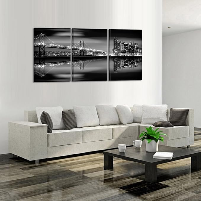 KREATIVE ARTS - San Francisco Bay at Night in Black and White Bridge 3 Panels Modern Landscape Artwork Canvas Prints Cityscape Pictures Paintings on Canvas Wall Art for Home Decor (16x24inchx3pcs)-Ruum Studio Home