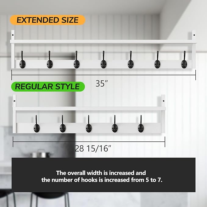 BAMEOS 35" L Wall Hooks with Shelf, Entryway Coat Hooks for Wall with Shelf, Wood Wall Hanging Shelf, Wall-Mounted Coat Rack with 7 Dual Metal Hooks for Bathroom, Kitchen, Living Room, Bedroom (White)-Ruum Studio Home