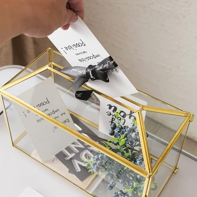 Glass Wedding Card Box with Slot, 12.6 inch Large Clear Card Box Gold Brass Gift Card Storage Box with Lock for Wedding Receptions, Baby Shower, Birthday Party, Bridal Shower-Ruum Studio Home