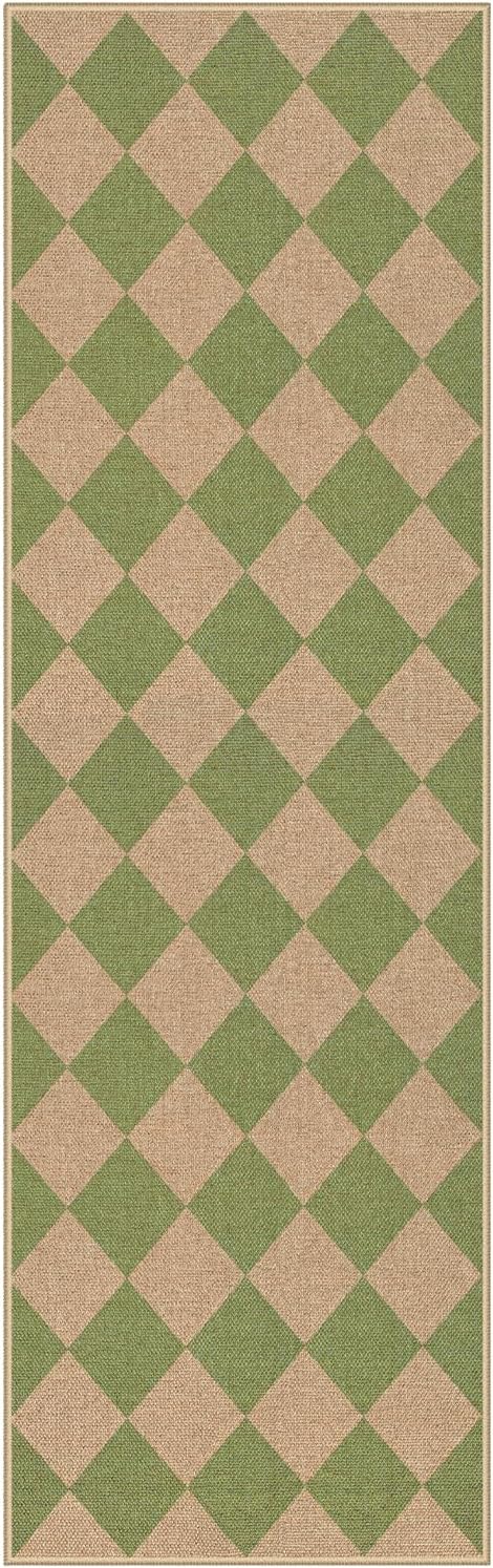 Lahome Checkered Green Runner Rug, 2x8 Carpet Runners for Hallway 8ft Non Slip Entryway Rug, Farmhouse Checkerboard Non Shedding Kitchen Mats for Floor Laundry Corridor-Ruum Studio Home