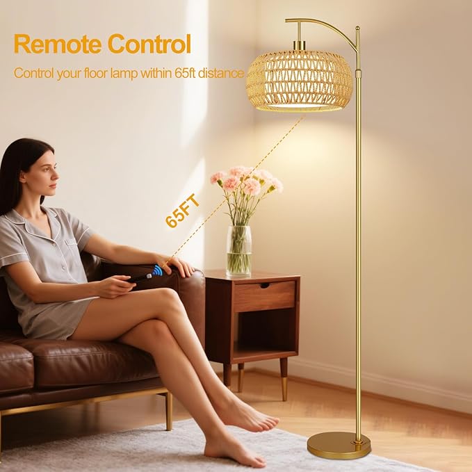 Gold Floor Lamps for Living Room Rattan Boho Floor Lamp with Remote Control,Dimmable Arc Floor Lamp Wicker LampShades Brass Standing Lamp with 3 Color Temperature Tall Floor Lamps For Bedroom Corner-Ruum Studio Home