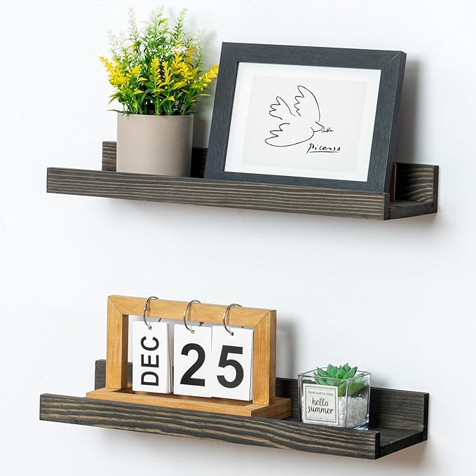 Picture Ledge Wall Shelves 16 inch Width Set of 2, Solid Pine Wood Rustic Floating Ledge Shelves for Wall for Kids' Room Bedroom Kitchen Bathroom Living Room Nursery Display Wall Decor, Grey-Ruum Studio Home