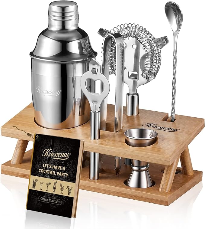 KITESSENSU Cocktail Shaker Set Bartender Kit, 6-Piece Silver Bar Set with Stand, Bar kit with Essential Bar Accessory Tools: Martini Shaker, Jigger, Strainer, Bar Spoon, Tongs, Opener-Ruum Studio Home