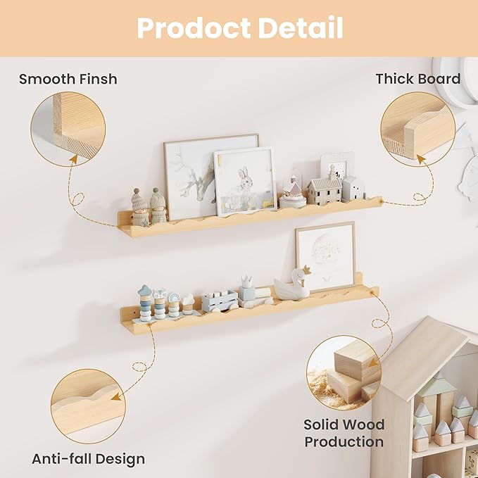 Fun Memories Picture Ledge Shelf for Wall, 36 inch Pine Wood Nursery Book Shelves Set of 2- Wall Book Shelves for Kids Room, Home Decor - Kitchen Spice-Natural-Ruum Studio Home
