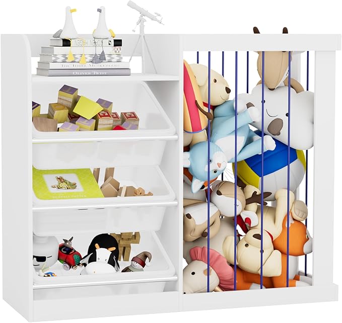 Kids Toy Storage Organizer with 3 Removable Plastic Bins Toddler Montessori Bookshelf with Stuffed Animal Net Holder Baby Bookcase Plush Organizer for Playroom,Bedroom,Kids Room,Classroom,Nursery-Ruum Studio Home