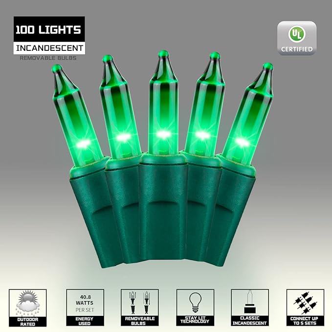 100LIGHTS Green Extra-Bright with End Connectors Christmas Decorative Lights 5.98m UL Certified Mini String Light Set Waterproof for Home Garden Holiday Christmas Tree Party Patio Wedding-Ruum Studio Home