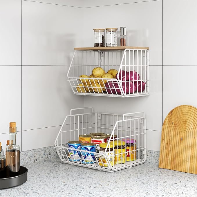 Wetheny 2 Tier Stackable Wall Mounted Wire Basket Fruit Basket with Wood Lid - Kitchen Pantry Organization and Storage, Hanging Storage Basket for fruits, Onion, Potato, Produce, Vegetable (White)-Ruum Studio Home