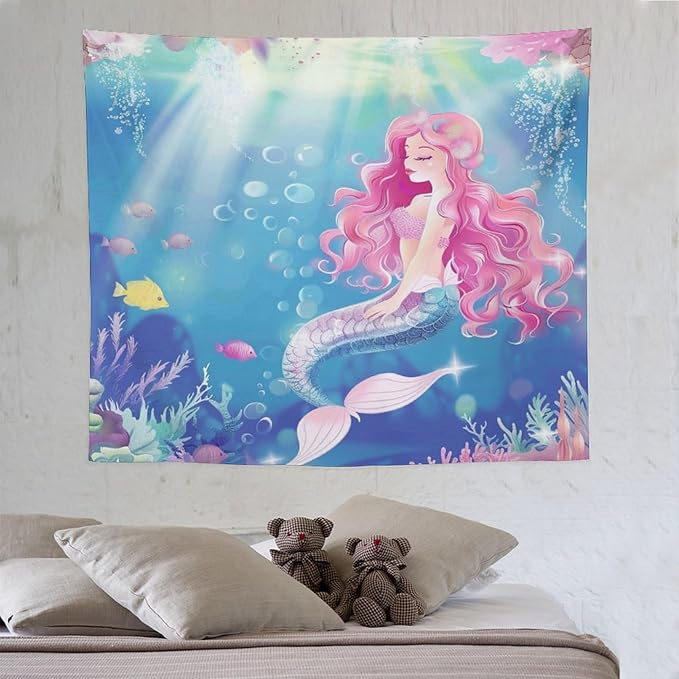 HZOHNAGO Mermaid Girls Tapestry Watercolor Mermaid Princess Pink Hair Pattern for Kids Room Decoration Printed Wall Tapestry Wall Hanging for Bedroom Living Room Dorm 60" W x 50" H-Ruum Studio Home
