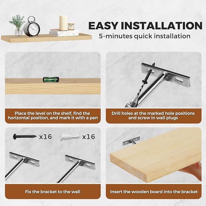 Floating Wall Shelves 4-Pack - Rustic Wood 16-inch Wooden Wall Shelves for Storage and Décor, Multi-Functional and Easy to Install for Living Room, Bedroom, and Kitchen-Ruum Studio Home