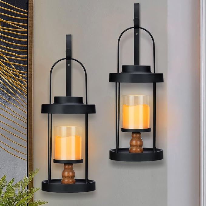 Metal Wall Sconce Candle Lantern Set of 2 - Black Wall Mounted Wood and Metal Hanging Holder with Glass & Candles Vintage Wall Decor for Porch, Living Room, Dining Room, Bedroom Indoor Decor-Ruum Studio Home