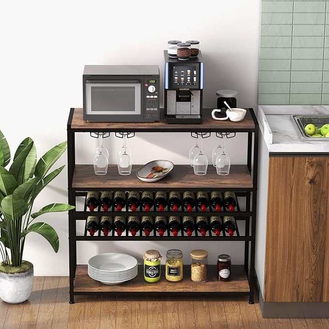 GOFLAME Industrial Wine Rack Table, Wine Bar Cabinet with 2-Tier Wine Rack, 4 Row Glass Holder and Storage Shelves, Freestanding Floor Liquor Storage Stand for Kitchen, Dining Room, Rustic Brown-Ruum Studio Home