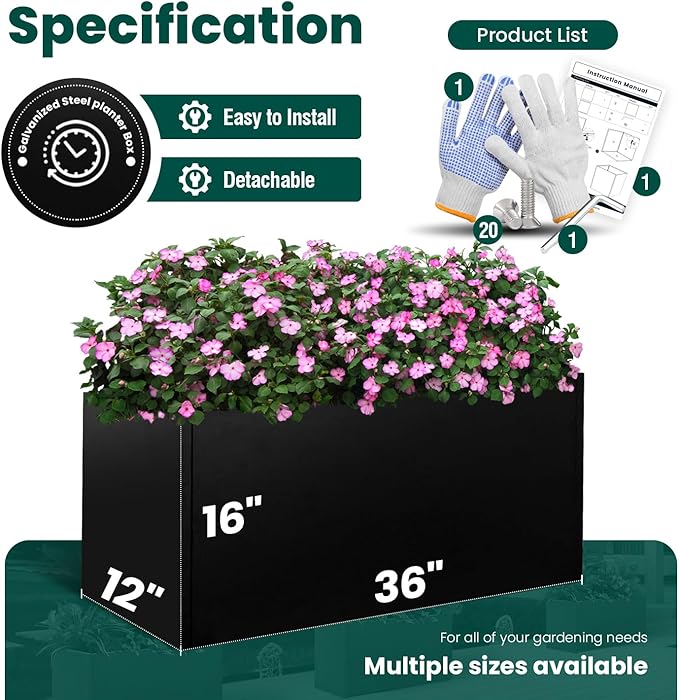 Black Planter Box Galvanized Steel Metal Planter Rectangular Indoor Large Outdoor Planters Steel Metallic Heavy Flower Pot 36In x 12In x 16In Commercial Residential for Patio, Deck, Backyard, Garden-Ruum Studio Home