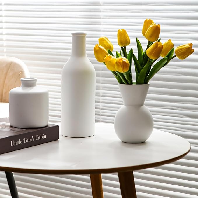 Fake Flowers in Vase for Centerpieces, Faux Flowers in Modern Ceramic Vase Set of 3 with 8 Artificial Autumn Chrysanthemums Home Decor-Ruum Studio Home