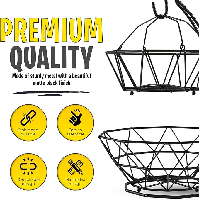 Fruit Basket with Banana Hanger and Fruit Bowl. Kitchen Counter Fruit Bowl with Banana Holder used as Bread, Vegetable or Produce Basket, Egg Holder, 2 Tier-Ruum Studio Home
