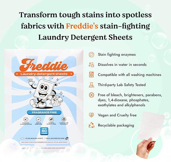Freddie Low-Waste Laundry Detergent Sheets – Jug Free Format – Pre-Measured Strips – 60 Loads – Unscented for Sensitive Skin-Ruum Studio Home