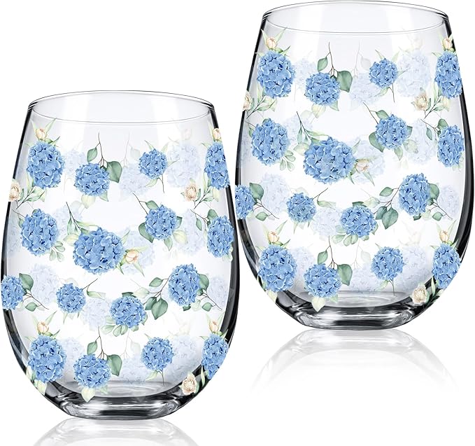 Sliner 2 Pack 17oz Hydrangea Stemless Wine Glasses Spring Summer Floral Drinking Glasses Hydrangea Tumbler Cups for Spring Summer Parties Supplies Birthday Gift-Ruum Studio Home