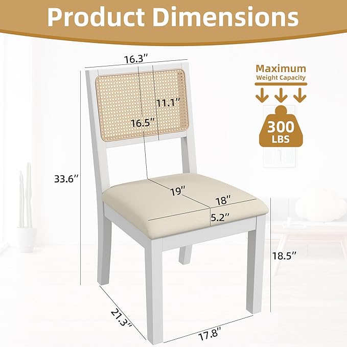 Westice Rattan Dining Chairs Set of 6, Farmhouse Natural Dining Room Chairs with Upholstered Cushion, Wood Armless Chairs for Kitchen/Restaurant, White-Ruum Studio Home