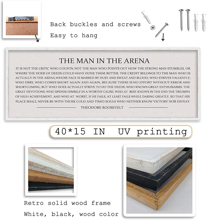 LuZhiQiang The Man in the Arena Wall Decor 40''x15'' Inspirational Quotes Office Wood Framed Sign Rustic Home Motivational Art For Man Entrepreneur Morden Living Room Wall Hanging Decor (White)-Ruum Studio Home