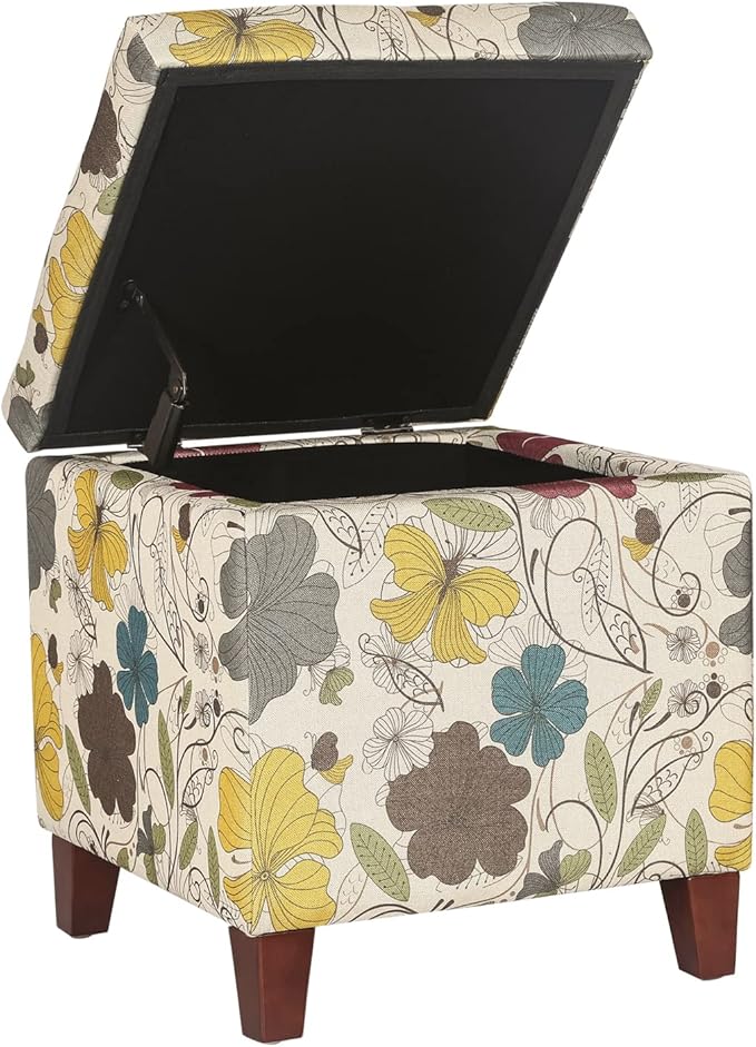 Adeco 18 Inch High Cube Ottoman Storage, Floral Printed Linen Chair Foot Stools, Upholstered Vanity Stool with Hinged Lid, Solid Wood Legs-Ruum Studio Home