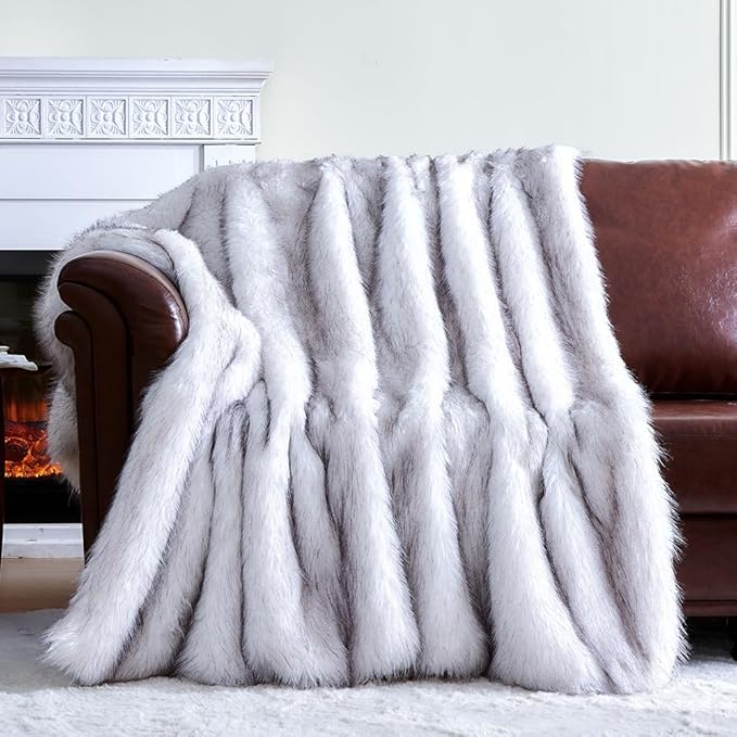 Fluffy Faux Fur Throw Blanket – Super Soft Warm Thick Plush Blanket for Bed, Couch & Office, Cozy Fuzzy Throw with Flannel Backing,90"x90", White-Ruum Studio Home