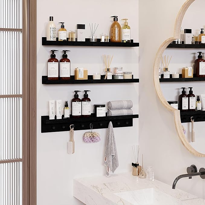 MBYD Black Picture Ledge Shelf with Hooks, 24 Inch Floating Book Shelves Kids Room, Wall Mounted Nursery Bookshelves, Hanging Bookshelf for Bedroom, Living Room, Kitchen, Bathroom Set of 3-Ruum Studio Home