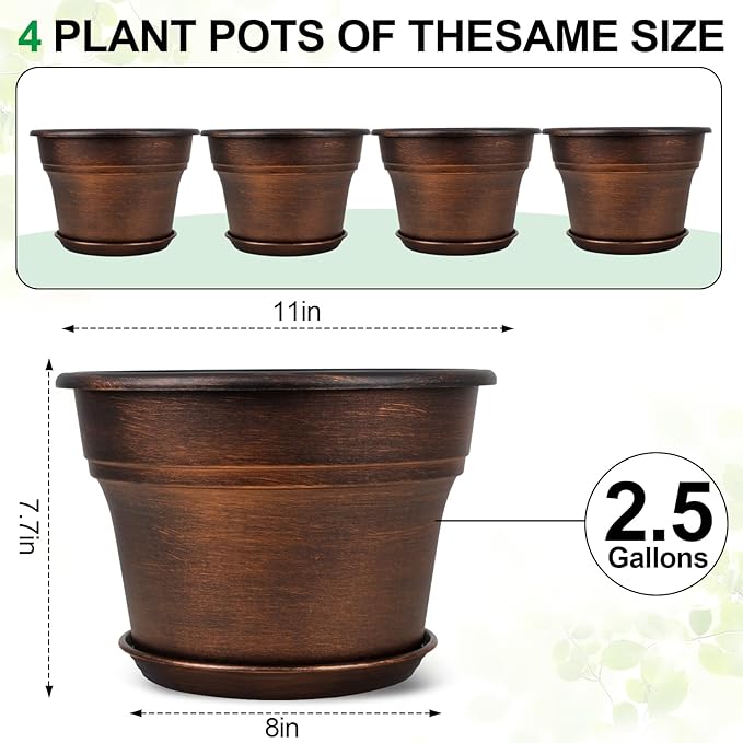 Plant Planters Pots Set of 4 Pack 11 Inch, Plastic Flower Pot for Indoor Plants with Drainage Holes & Trays, Resin Decorative Container Sets with Saucer for House Outdoor Garden Planters Copper-Ruum Studio Home