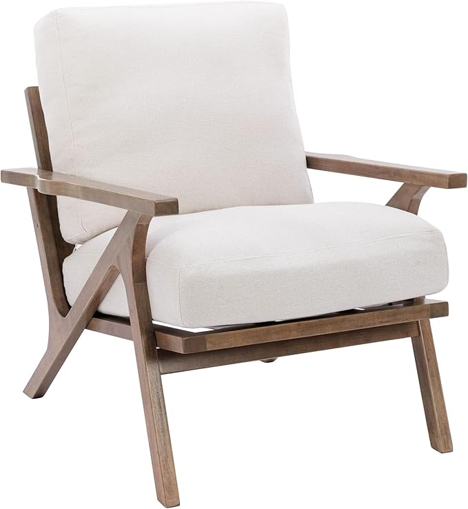 HNY Mid Century Modern Accent Chair, Farmhouse Retro Linen Upholstered Armchair for Living Room Bedroom, 23'' Seat Wide Leisure Slipper Chair with Wood Frame, White-Ruum Studio Home