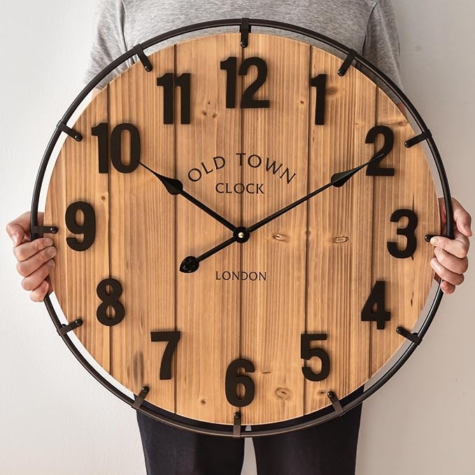 Large Old Town Farmhouse Wall Clock 24 Inch Rustic Antique Wood with Metal Circle and Large Numerals Silent Battery Operated Wall Clock for Office Kitchen Bedroom Living Room-Ruum Studio Home